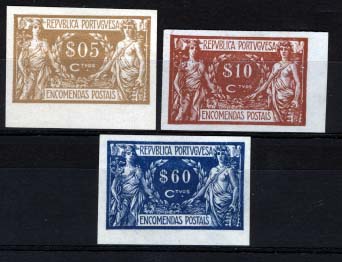 0892.jpg -     Lote:    892            Portugal       Descrição:         1920 &mdash; Encomendas Postais. Comércio e Indústria. Lote de 3 provas não denteadas em papel liso fino, nos valores de $05 bistre, $10 laranja vermelho e $60 azul escuro. Cores aprovadas.        PRV       Valor Base:     &euro; 15,00     Valor Venda:     Retirado     