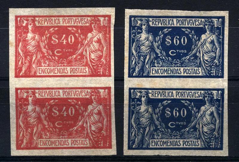 0896.jpg -     Lote:    896            Portugal       Descrição:         1920/22 &mdash; Encomendas Postais. Comércio e Indústria. CE EP6 e 8. Lote composto por 2 pares verticais de provas não denteadas, nas cores finais (rosa e azul) em papel cebola.        PRV       Valor Base:     &euro; 15,00     Valor Venda:     &euro; 15,00     
