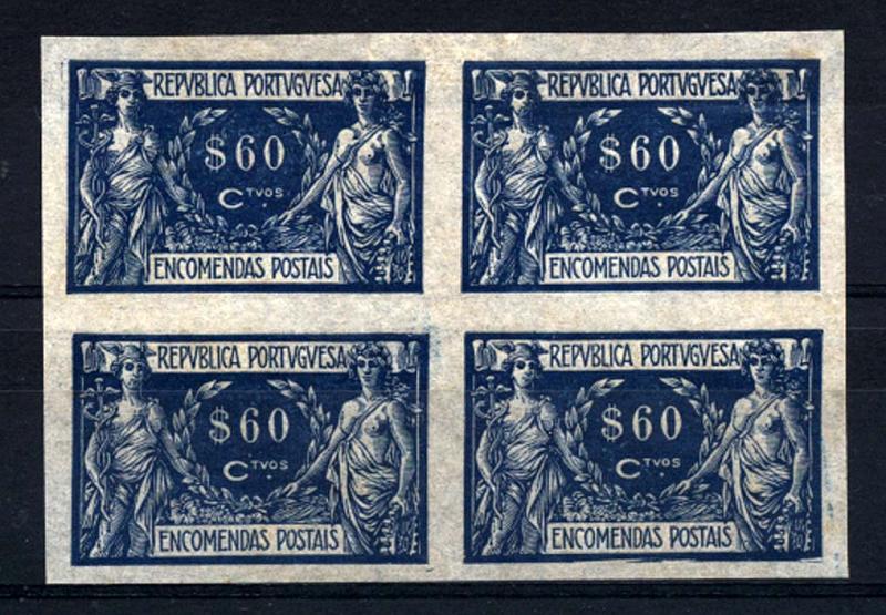 0897.jpg -     Lote:    897            Portugal       Descrição:         1920/22 &mdash; Encomendas Postais. Comércio e Indústria. CE EP8, 60C. Quadra de provas não denteadas, em azul (cor aprovada) em papel cebola. MB e R.        PRV       Valor Base:     &euro; 10,00     Valor Venda:     &euro; 10,00     