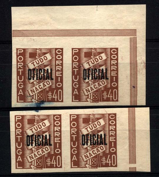 0899.jpg -     Lote:    899            Portugal       Descrição:         1939 &mdash; Serviço Oficial. Tudo pela Nação, com sobrecarga OFICIAL. CE SO1, $40 castanho. Dois pares horizontais, um deles canto de folha, com os selos não denteados.         ***       Valor Base:     &euro; 18,00     Valor Venda:     &euro; 18,00     