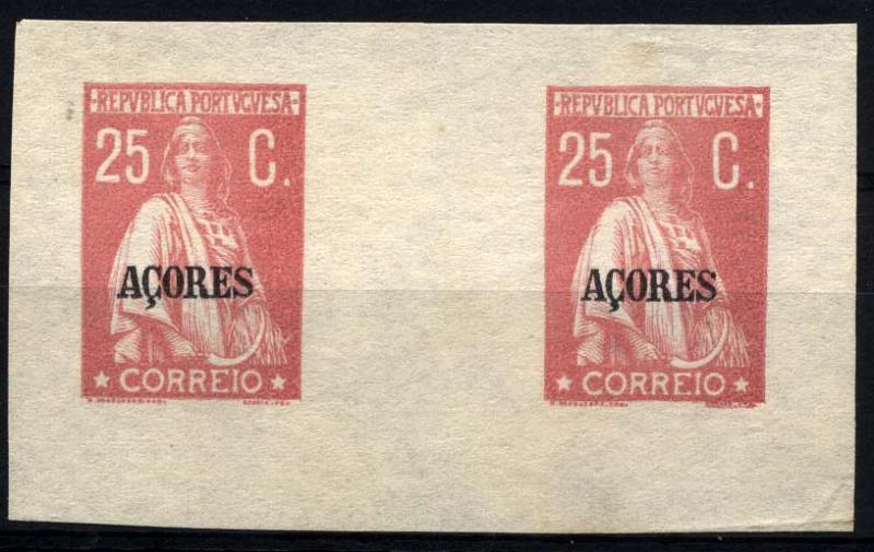 0906.jpg -     Lote:    906            Açores       Descrição:         1923/24 &mdash; Ceres, com sobrecarga "Açores". Par horizontal de provas de 25C rosa, não denteadas, em papel liso, não gomadas. B e R.        PRV       Valor Base:     &euro; 15,00     Valor Venda:     Retirado     