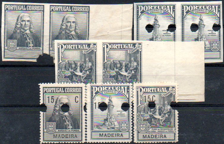 0907.jpg -     Lote:    907            Madeira       Descrição:         1925 &mdash; Imposto Postal. Monumento ao Marquês de Pombal. Legenda Madeira. CE IP1/3. Lote composto por série denteada com furos de segurança + série em pares não denteados, com furos de segurança e sem impressão da legenda e taxa. B e R.        PRV       Valor Base:     &euro; 50,00     Valor Venda:     Retirado     