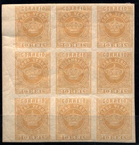 0913.jpg -     Lote:    913            Cabo Verde       Descrição:         1881/85 &mdash; Tipo Coroa. CE13, 40 reis amarelo. Bloco de 9 provas não denteadas, com o erro "MOÇAMBIQUE" ao centro. MB.        PRV       Valor Base:     &euro; 50,00     Valor Venda:     Retirado     
