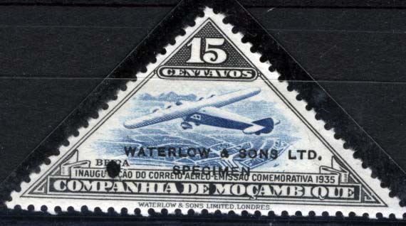 0914.jpg -     Lote:    914            Companhia de Moçambique       Descrição:         1935 &mdash; Correio Aéreo. Inauguração do Correio Aéreo. CE3, 15C em azul e preto. Prova denteada com furos de segurança e sobrecarga da "WATERLOW & SONS LTD / SPECIMEN.        PRV       Valor Base:     &euro; 10,00     Valor Venda:     &euro; 10,00     