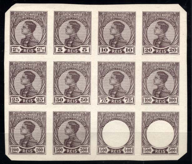 0919.jpg -     Lote:    919            Lourenço Marques       Descrição:         1910 &mdash; D. Manuel II. Não emitidos. Bloco 12 provas não denteadas em castanho. MB e MR.        PRV       Valor Base:     &euro; 50,00     Valor Venda:     &euro; 300,00     