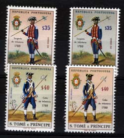 0920.jpg -     Lote:    920            S. Tomé e Príncipe       Descrição:         1965 &mdash; Uniformes. CE381/82, $35 e $40. Lote de duas provas de cor. Acompanham selos normais para comparação.         ***       Valor Base:     &euro; 25,00     Valor Venda:     &euro; 35,00     