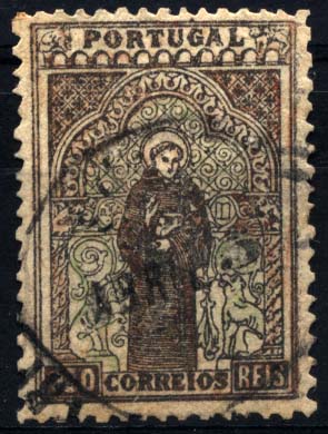 0927.jpg -     Lote:    927            Portugal       Descrição:         1895 &mdash; 7.º Centenário do Nascimento de S. António. CE124, 500 reis castanho e verde. Selo falso de origem desconhecida.        O       Valor Base:     &euro; 15,00     Valor Venda:     &euro; 70,00     