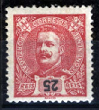 0930.jpg -     Lote:    930            Portugal       Descrição:         1898/1905 &mdash; D. Carlos I. Novos valores e cores. CE141, 25 reis carmim. Selo com a impressão invertida da taxa.        **       Valor Base:     &euro; 5,00     Valor Venda:     &euro; 10,00     
