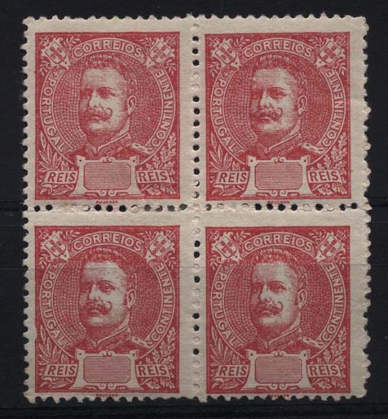 0931.jpg -     Lote:    931            Portugal       Descrição:         1898/1905 &mdash; D. Carlos I tipo Mouchon. Novas cores e valores. CE141, 25 reis carmim. Quadra sem impressão da taxa.        **       Valor Base:     &euro; 12,00     Valor Venda:     &euro; 20,00     