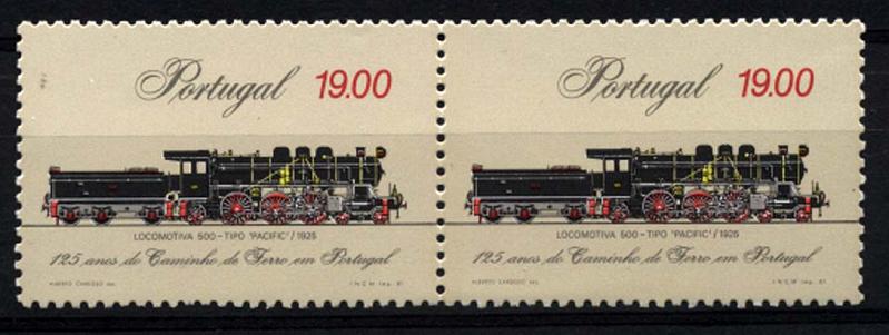 0948.jpg -     Lote:    948            Portugal       Descrição:         1981 &mdash; 125 Anos do Caminho de Ferro em Portugal. CE1542, 19$00. Par horizontal com fósforo dos dois lados de cada selo. MR.        ***       Valor Base:     &euro; 30,00     Valor Venda:     &euro; 42,00     