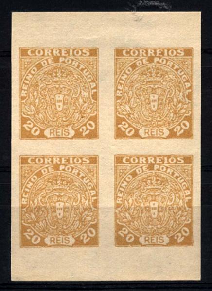 0961.jpg -     Lote:    961            Portugal       Descrição:         1919 &mdash; Não emitidos. Escudo Nacional Monárquico. Bloco de 4 selos de 20 reis amarelo escuro, não denteados. Falsos.        *       Valor Base:     &euro; 12,00     Valor Venda:     &euro; 12,00     