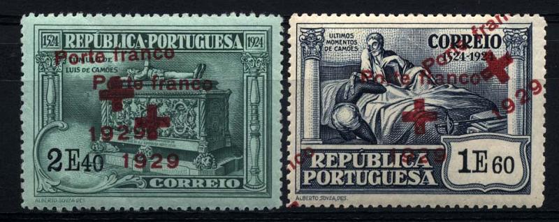 0962.jpg -     Lote:    962            Portugal       Descrição:         1929 &mdash; Porte franco. Cruz Vermelha Portuguesa. Selos do 4.º Centenário do Nascimento de Luís de Camões (1924) com sobrecarga. CE CVP2&frac12;2 (1E60 e 2E40). Selos com dupla sobrecarga.        **       Valor Base:     &euro; 8,00     Valor Venda:     &euro; 12,00     