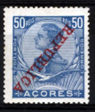 0969.jpg -     Lote:    969            Açores       Descrição:         1910 &mdash; D. Manuel II, com sobrecarga REPUBLICA. CE127, 50 reis azul. Selo com a sobrecarga invertida.        ***       Valor Base:     &euro; 8,00     Valor Venda:     Retirado     