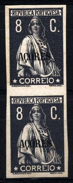 0972.jpg -     Lote:    972            Açores       Descrição:         1912/13 - Ceres. Selos do Continente com sobrecarga "Açores". CE157, 8 ctvs ardósia. Par vertical não denteado. B e R.        **       Valor Base:     &euro; 10,00     Valor Venda:     &euro; 10,00     