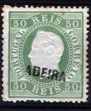 0978.jpg -     Lote:    978            Madeira       Descrição:         1871/1876 &mdash; D. Luís I, fita direita. CE18, 50 reis verde, denteado 13 &frac12;. Sobrecarga C. Selo com impressão parcial da sobrecarga MADEIRA.        **       Valor Base:     &euro; 20,00     Valor Venda:     &euro; 20,00     
