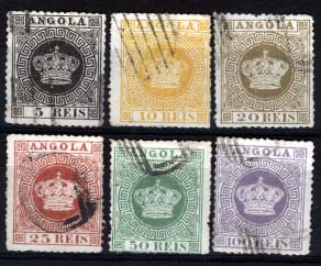0981.jpg -     Lote:    981            Angola       Descrição:         1870/77 &mdash; Tipo Coroa. CE1/7. Lote de 6 selos falsos Spiros, obliterados com carimbo também falso.        O       Valor Base:     &euro; 12,00     Valor Venda:     &euro; 12,00     