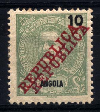 0983.jpg -     Lote:    983            Angola       Descrição:         1911 &mdash; D. Carlos I tipo Mouchon com sobrecarga REPUBLICA da Casa da Moeda. CE90, 10 reis verde amarelo. Selo com dupla sobrecarga.        **       Valor Base:     &euro; 8,00     Valor Venda:     &euro; 22,00     