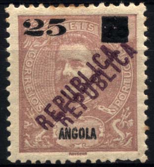 0986.jpg -     Lote:    986            Angola       Descrição:         1912 &mdash; D. Carlos I, com sobrecarga REPUBLICA local e sobretaxa. CE117, 25 s/ 75 reis. Selo com dupla sobrecarga. Ligeiros pontos de óxido no verso.        **       Valor Base:     &euro; 10,00     Valor Venda:     &euro; 14,00     