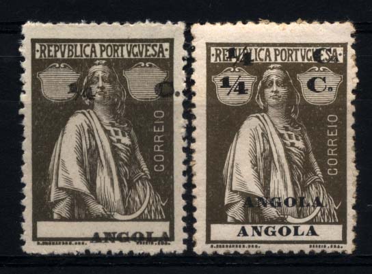0987.jpg -     Lote:    987            Angola       Descrição:         1914 &mdash; Ceres. CE142, &frac14; c sépia. Lote de 2 selos em denteado 15x14, em papel porcelana e acetinado. Um com dupla impressão da taxa e outro com a impressão da taxa deslocada.        **       Valor Base:     &euro; 12,00     Valor Venda:     &euro; 14,00     