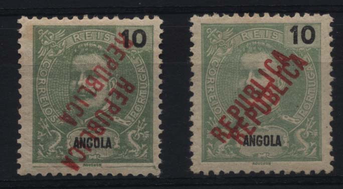0988.jpg -     Lote:    988            Angola       Descrição:         1914 &mdash; D. Carlos I tipo Mouchon com sobrecarga REPUBLICA local. CE158, 10 reis verde amarelo. Lote de dois selos: um com dupla sobrecarga e outro com dupla sobrecarga invertida..        **       Valor Base:     &euro; 15,00     Valor Venda:     &euro; 24,00     