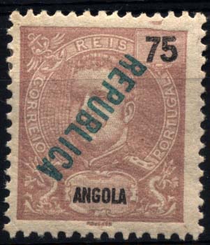 0991.jpg -     Lote:    991            Angola       Descrição:         1914 &mdash; D. Carlos I tipo Mouchon com sobrecarga REPUBLICA local. CE161, 75 reis violeta claro. Selo com sobrecarga verde invertida.        **       Valor Base:     &euro; 10,00     Valor Venda:     &euro; 18,00     