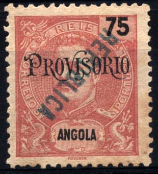 0993.jpg -     Lote:    993            Angola       Descrição:         1914 &mdash; D. Carlos I tipo Mouchon com sobrecarga PROVISÓRIO + sobrecarga REPUBLICA local. CE177, 75 reis carmim. Selo com sobrecarga REPUBLICA invertida. R.        *       Valor Base:     &euro; 15,00     Valor Venda:     &euro; 24,00     
