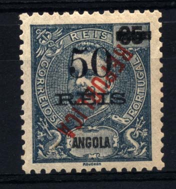 0995.jpg -     Lote:    995            Angola       Descrição:         1914 &mdash; D. Carlos I tipo Mouchon com sobretaxa e sobrecarga REPUBLICA local. CE178, 50 s/ 65 reis azul. Selo com sobrecarga invertida.        **       Valor Base:     &euro; 10,00     Valor Venda:     &euro; 18,00     