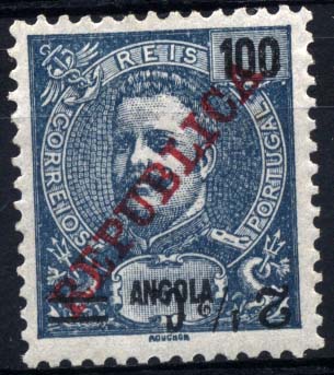 0996.jpg -     Lote:    996            Angola       Descrição:         1919 &mdash; D. Carlos I com sobrecarga REPUBLICA da Casa da Moeda e sobretaxa. CE189, 2 &frac12; C s/ 100 reis azul. Selo com a sobretaxa invertida.        **       Valor Base:     &euro; 8,00     Valor Venda:     &euro; 14,00     