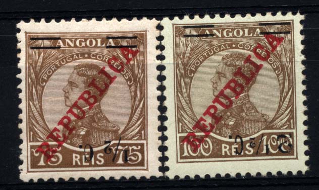 0997.jpg -     Lote:    997            Angola       Descrição:         1919 &mdash; D. Manuel II com sobretaxa. CE190/191. Série com sobretaxa invertida. CE191 sem sinal de charneira. Muitos ligeiros pontos de óxido no verso.        ***/**       Valor Base:     &euro; 10,00     Valor Venda:     &euro; 16,00     