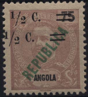 0998.jpg -     Lote:    998            Angola       Descrição:         1919 &mdash; D. Carlos I tipo Mouchon com sobrecarga REPUBLICA local e sobretaxa. CE192, &frac12; C s/ 75 reis castanho violeta claro. Selo com dupla sobrecarga.        **       Valor Base:     &euro; 8,00     Valor Venda:     &euro; 14,00     