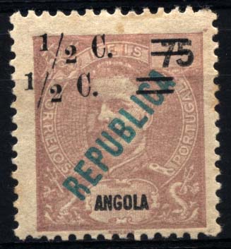 1000.jpg -     Lote:    1000            Angola       Descrição:         1919 &mdash; D. Carlos I com sobrecarga REPUBLICA tipografada localmente e sobretaxa. CE192, &frac12; C s/ 75 reis castanho violeta claro. Selo com dupla sobretaxa. Ligeiro ponto de óxido no verso.        **       Valor Base:     &euro; 8,00     Valor Venda:     &euro; 18,00     