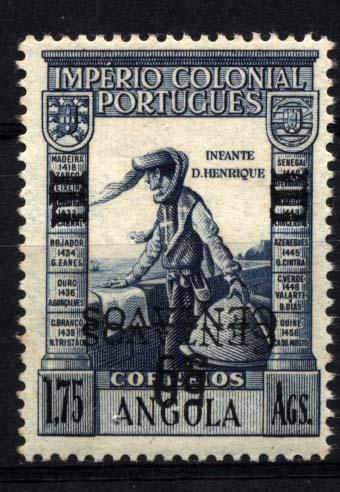 1003.jpg -     Lote:    1003            Angola       Descrição:         1945/46 &mdash; Império Colonial Português com sobretaxa. CE289, 50C s/ 1,75 A, azul. Selo com dupla sobretaxa invertida.        ***       Valor Base:     &euro; 5,00     Valor Venda:     &euro; 16,00     