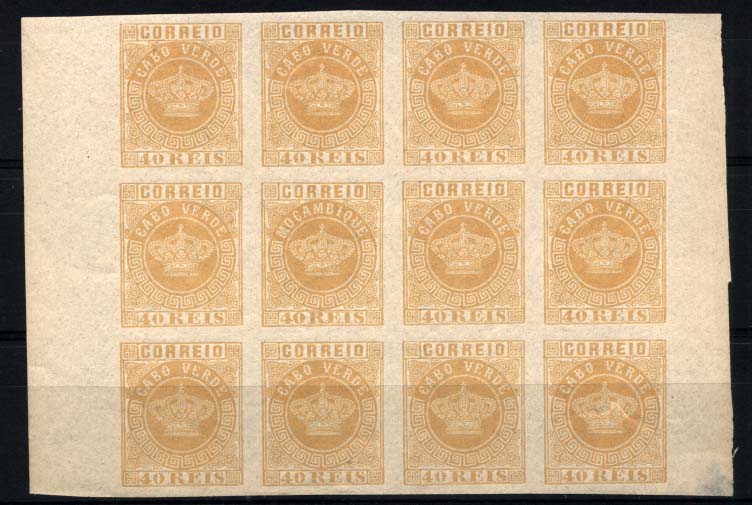 1014.jpg -     Lote:    1014            Cabo Verde       Descrição:         1881/85 &mdash; Tipo Coroa. Novas cores. CE13, 40 reis amarelo. Bloco de 12 selos não denteados. Selo com erro Moçambique. Na chapa que imprimiu os selos de 40 reis, montou-se por engano um cunho de 40 reis de Moçambique, na 5.ª linha da 2.ª coluna. MB e MR.        ***       Valor Base:     &euro; 30,00     Valor Venda:     &euro; 40,00     