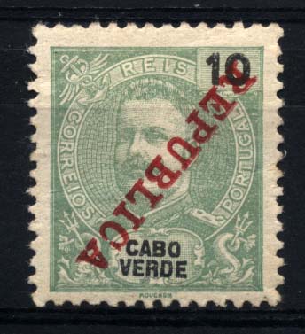 1015.jpg -     Lote:    1015            Cabo Verde       Descrição:         1911 &mdash; D. Carlos I tipo Mouchon. CE88, 10 reis verde amarelo. Selo com a sobrecarga invertida.        ***       Valor Base:     &euro; 8,00     Valor Venda:     Retirado     