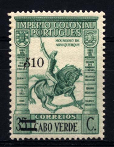 1017.jpg -     Lote:    1017            Cabo Verde       Descrição:         1950 &mdash; Império Colonial Português, com sobretaxa. CE254, $10 s/ 35c. Selo com defeito na impressão da taxa e sem os traços a eliminar a letra "C", do lado direito.        ***       Valor Base:     &euro; 6,00     Valor Venda:     &euro; 24,00     