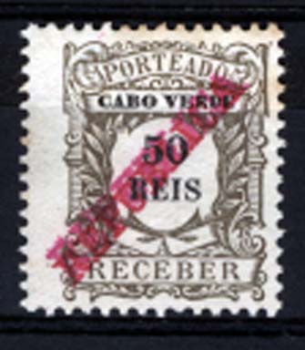 1018.jpg -     Lote:    1018            Cabo Verde       Descrição:         1911 &mdash; Porteado. Emissão Regular. Selos de 1904 com sobrecarga REPUBLICA. CE POR15, 50 reis castanho. Selo com dupla impressão da sobrecarga.        *       Valor Base:     &euro; 6,00     Valor Venda:     &euro; 18,00     