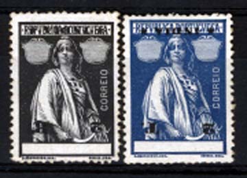 1026.jpg -     Lote:    1026            Índia       Descrição:         1914 &mdash; Ceres. CE256 e 265, 2 reis (preto) e 2 tangas (azul). Denteado 15x14, papel porcelana. Selos com impressão invertida das legendas e valor.        *       Valor Base:     &euro; 12,00     Valor Venda:     &euro; 18,00     