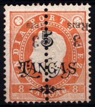 1027.jpg -     Lote:    1027            Índia       Descrição:         1911/13 &mdash; D. Luís I de 1902, com nova sobretaxa, perfurados ao meio. CE224, 3 reis s/ 5 tangas s/ 8 tangas, laranja, sobrecarga B em denteado 13 &frac12;. Selo com a sobrecarga invertida. Valor de catálogo &euro; 38,90.        *       Valor Base:     &euro; 12,00     Valor Venda:     &euro; 34,00     