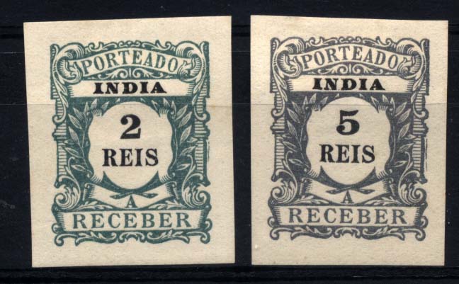 1038.jpg -     Lote:    1038            Índia       Descrição:         1904 &mdash; Porteado * Emissão Regular. CE POR1 e CE POR4, 2 e 5 reis. Lote de dois selos não denteados.        **       Valor Base:     &euro; 10,00     Valor Venda:     &euro; 18,00     