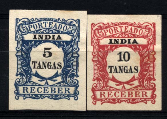 1039.jpg -     Lote:    1039            Índia       Descrição:         1904 &mdash; Porteado * Emissão Regular. CE POR9/10, 5 e 10 tangas. Lote de dois selos não denteados.        **       Valor Base:     &euro; 10,00     Valor Venda:     &euro; 14,00     