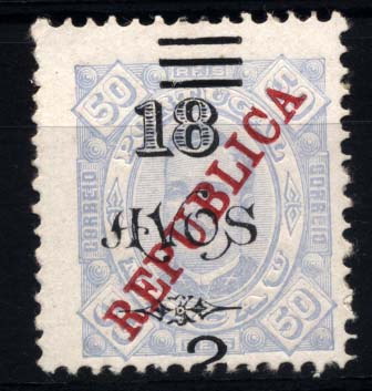 1050.jpg -     Lote:    1050            Macau       Descrição:         1913 &mdash; D. Carlos I com sobretaxa. CE183, 2 s/ 18 avos s/ 50 reis, azul claro. Selo com a sobretaxa deslocada. Não catalogada.        *       Valor Base:     &euro; 20,00     Valor Venda:     &euro; 50,00     