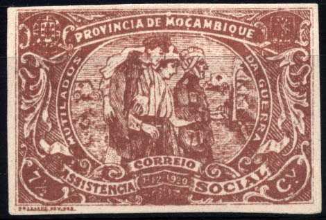 1063.jpg -     Lote:    1063            Moçambique       Descrição:         1920 &mdash; Mutilados de Guerra. CE214, / &frac12; C castanho vermelho. Selo não denteado.        *       Valor Base:     &euro; 10,00     Valor Venda:     &euro; 16,00     