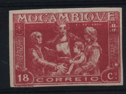 1064.jpg -     Lote:    1064            Moçambique       Descrição:         1920 &mdash; Mutilados de Guerra. CE218, 18C carmim. Selo não denteado.        *       Valor Base:     &euro; 10,00     Valor Venda:     &euro; 14,00     