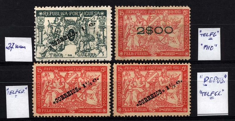 1065.jpg -     Lote:    1065            Moçambique       Descrição:         1918/22 &mdash; Taxa de Guerra. Selos do Imposto Postal e Telegráfico com sobrecarga. Lote composto por 4 selos: CE201, 1 s/ 1 c verde com a sobrecarga de 27 mm; CE202, 1 s/ 5c (2) com erros "TELGRAFO" e "PEPUBLICA" e CE237, 2$00 s/ 5c com a legenda 1910 em vez de 1916. Valor de catálogo &euro; 51,00.        *       Valor Base:     &euro; 5,00     Valor Venda:     &euro; 30,00     
