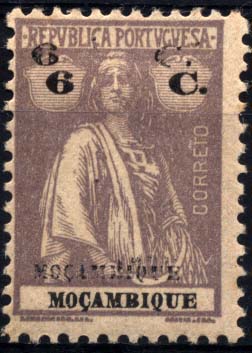 1066.jpg -     Lote:    1066            Moçambique       Descrição:         1921 &mdash; Ceres. Novas cores e valores. CE227, 6c lilás claro. Selo com dupla impressão da taxa e legenda Moçambique. Valor de catálogo &euro; 25,00.        **       Valor Base:     &euro; 5,00     Valor Venda:     &euro; 10,00     