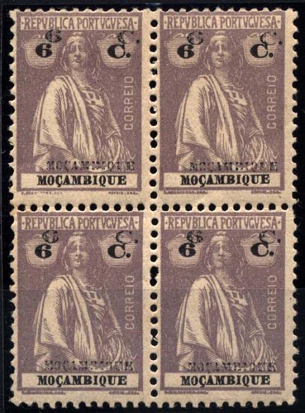 1067.jpg -     Lote:    1067            Moçambique       Descrição:         1921 &mdash; Ceres. Novas cores e valores. CE227, 6c lilás claro. Quadra com dupla impressão da taxa e legenda Moçambique. Valor de catálogo &euro; 100,00.        **       Valor Base:     &euro; 25,00     Valor Venda:     &euro; 40,00     