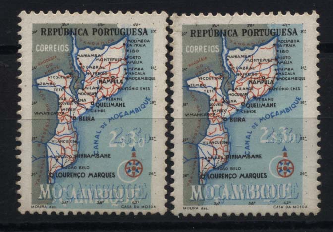 1068.jpg -     Lote:    1068            Moçambique       Descrição:         1954 &mdash; Carta Geográfica de Moçambique. CE416, 2$30. Lote de sois selos com deslocação acentuada da cor azul, visível na legenda. Um dos selos com sinais de óxido no verso.        ***/**       Valor Base:     &euro; 10,00     Valor Venda:     &euro; 16,00     