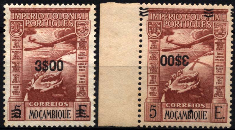 1074.jpg -     Lote:    1074            Moçambique       Descrição:         1946 &mdash; Correio Aéreo. Império Colonial Português, com sobretaxa. CE CA10, 3$00 s/ 5E castanho vermelho. Selo com a sobretaxa invertida. Acompanha selo normal (sem goma). Valor de catálogo &euro; 45,00.        ***       Valor Base:     &euro; 12,00     Valor Venda:     &euro; 26,00     