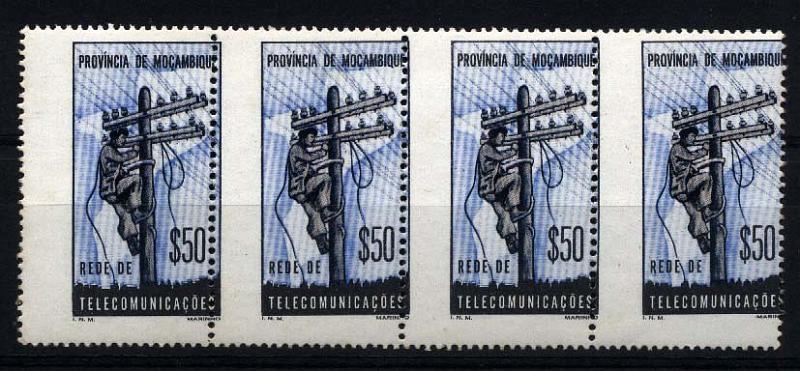 1080.jpg -     Lote:    1080            Moçambique       Descrição:         1965 &mdash; Imposto Postal * Rede de Telecomunicações. CE IP69, $50 preto e azul. Tira horizontal de 4 selos com pronunciada deslocação do denteado vertical.        ***       Valor Base:     &euro; 10,00     Valor Venda:     &euro; 10,00     