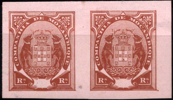 1084.jpg -     Lote:    1084            Companhia de Moçambique       Descrição:         1895 &mdash; Tipo Elefante. CE21, 150 reis castanho s/ rosa. Par horizontal não denteado em papel porcelana sem impressão da taxa.        *       Valor Base:     &euro; 15,00     Valor Venda:     &euro; 30,00     